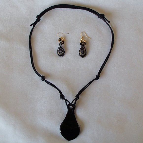 Dichroic Fused Foil Glass Pendant Earrings Handcrafted Set 2 Adjustable Blk Cord - Picture 6 of 8